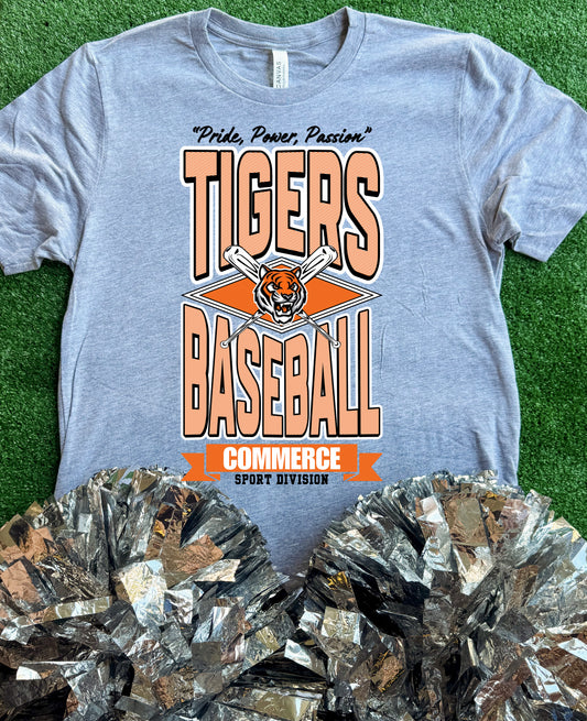Commerce Tigers Striped Baseball Tee