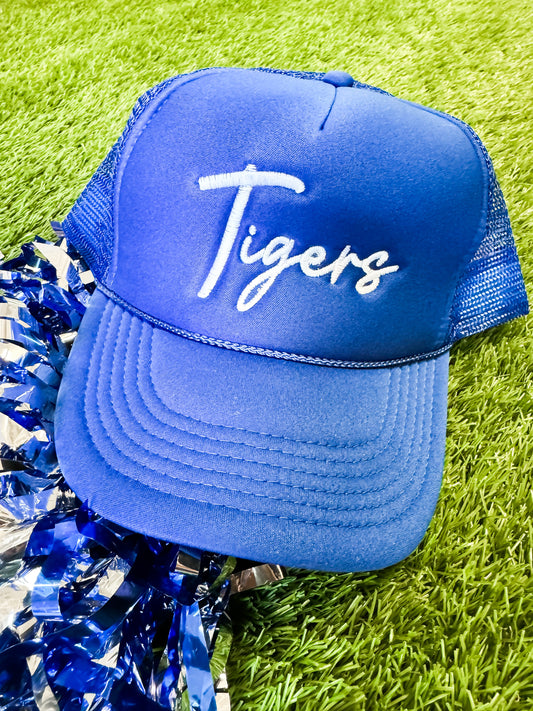 Blue Cursive Tigers Trucker Hat