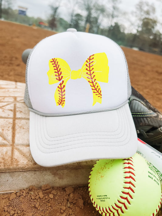 Softball Bow Trucker Hat in White/Silver