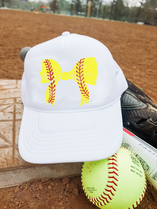 Softball Bow Trucker Hat in White